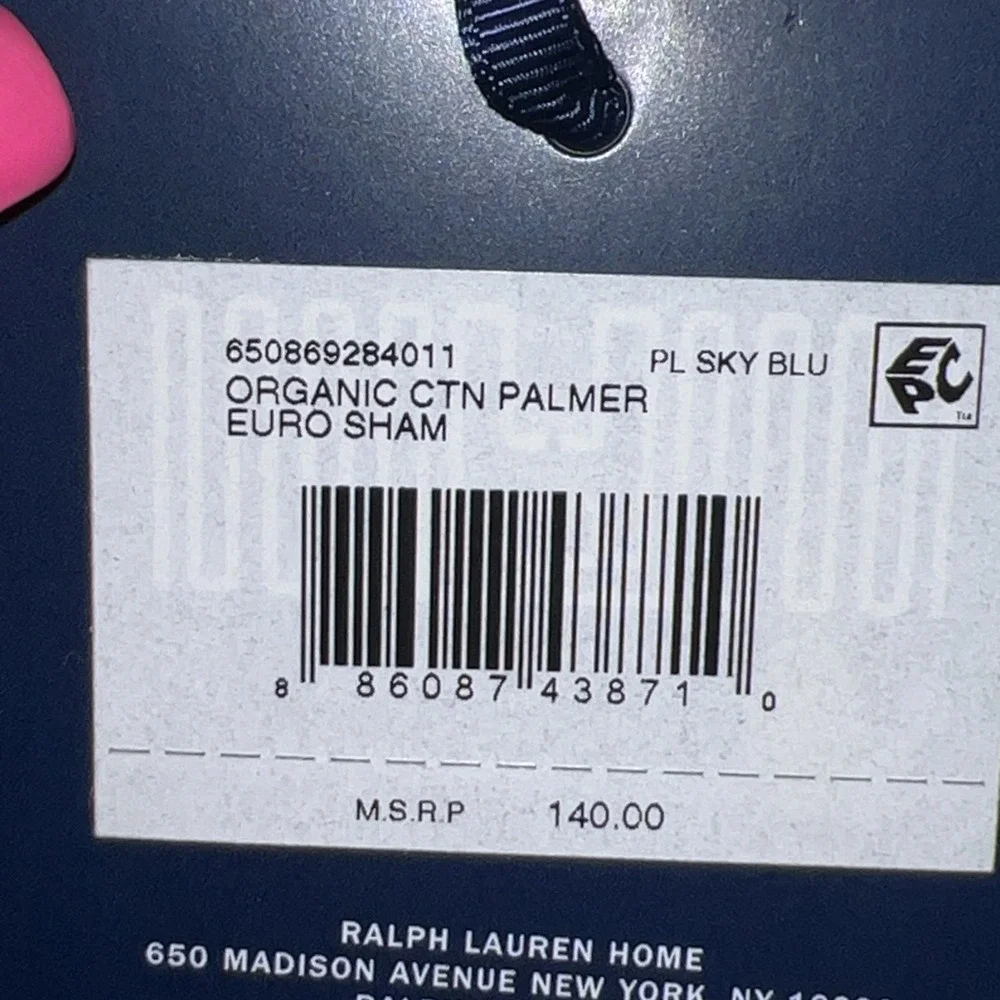 Ralph Lauren‎ Palmer Percale Euro Sham White/Sky Blue Cotton $140 New 26 X 26
